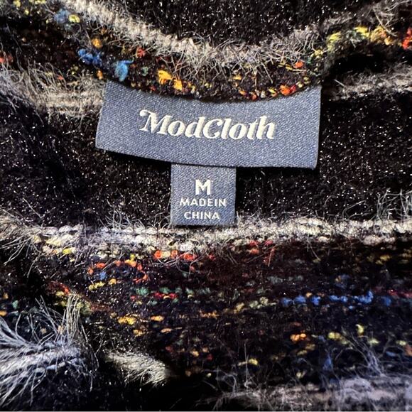 Modcloth Black Multicolor Metallic Chenille Fuzzy Long Sleeve Open Cardigan Sz M - Picture 8 of 11